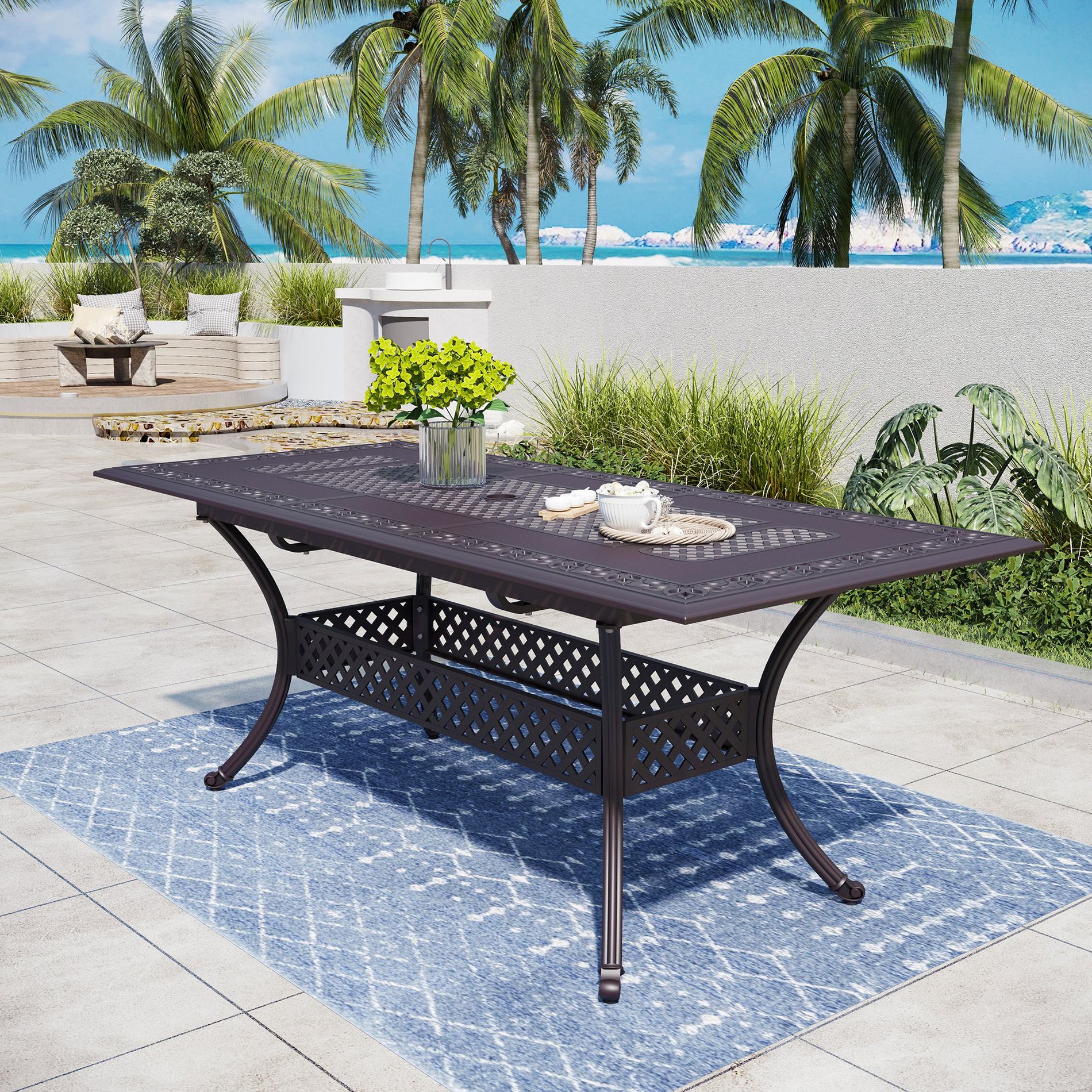 Captiva Designs Outdoor Expandable Cast Aluminum Rectangular All Weather Engraved Cast-Top Dining Table
