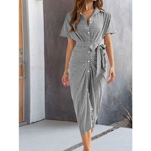 Coolmee Women Casual Elegant V-neck Button High Waist Tie Short Sleeve Wrap Midi Dress - 1 of 4