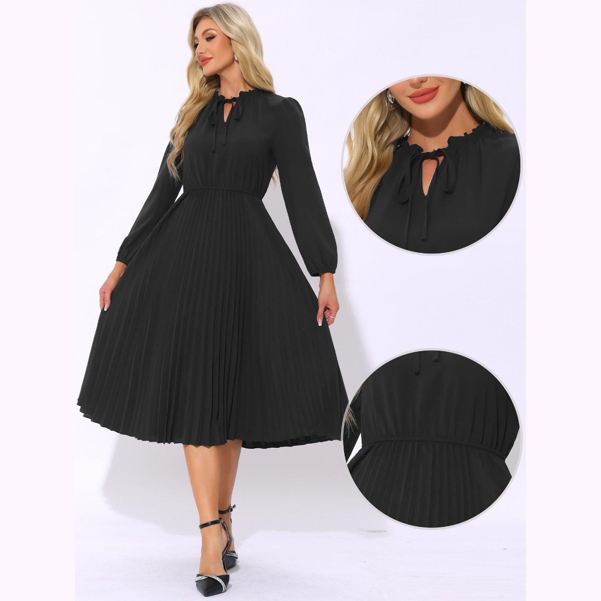 Женские платья INSPIRE CHIC Women's A-Line Flowy Long Sleeve Tie V Neck Pleated Midi Dress Black Large — фото 2
