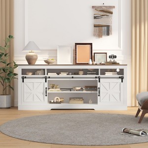 Modern TV Stand for TVs Up to 75'', Wooden Entertainment Center with Sliding Barn Doors, 66" Media TV Console Table with Open Shelf for Living Room - 1 of 4