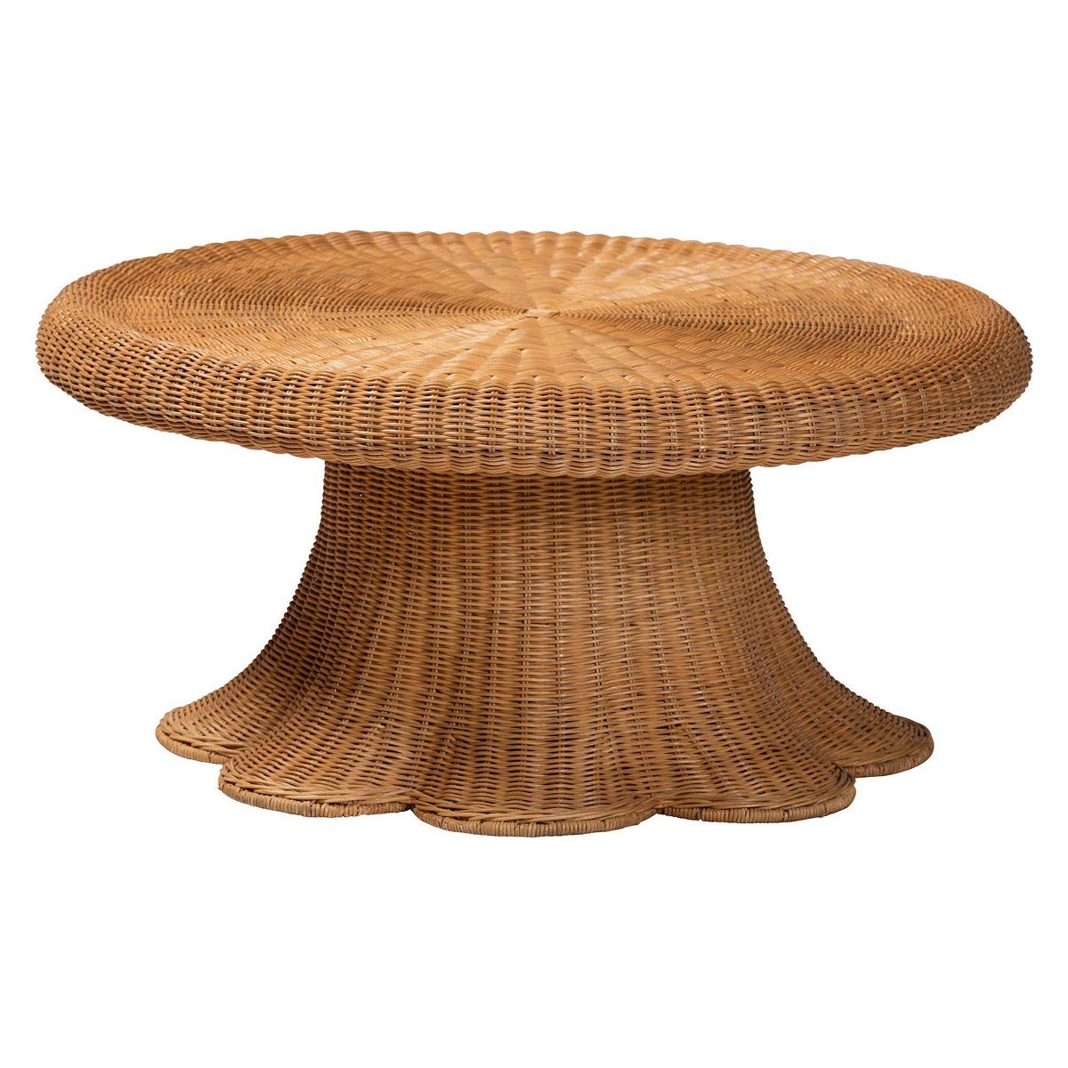 bali & pari Avalon Natural Rattan Round Coffee Table with Scalloped Pedestal Base Light Honey