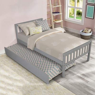 Twin Size Bed Frame with Trundle and Headboard, Wood Slats Support Sofa Bed for Guest, Platform Bed for Bedroom,No Box Spring Needed