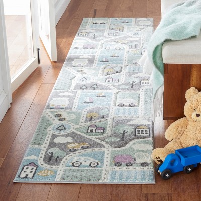 Gray and Light Blue Kids Roadmap Runner Rug