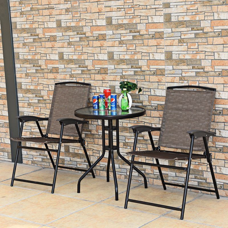 Costway 3PC Bistro Patio Garden Furniture Set 2 Folding Chairs Glass Table Top Steel, 4 of 11
