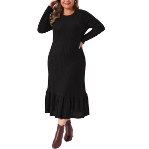 Agnes Orinda Women's Plus Size Long Sleeve Crew Neck Ruffled Hem Ribbed Knit A Line Mixi Dresses - 1 of 4