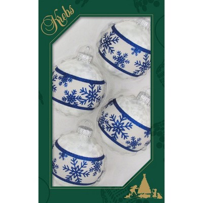 Christmas by Krebs 4ct White and Blue Glass Pearl Snowflakes Christmas Ball Ornaments 2.5" (60mm)