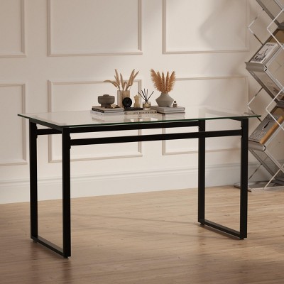 INFURNIC Desks Modern Glass Dining Table with Metal Legs Stylish Contemporary Desk for Living Room, Black, 51"*27.5"*29.5"