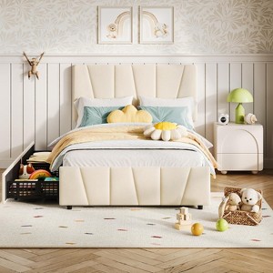 2Pcs Twin Upholstered Platform Bed with Adjustable Headboard and 2 Storage Drawers, Wood Slats Support, Beige - 1 of 4