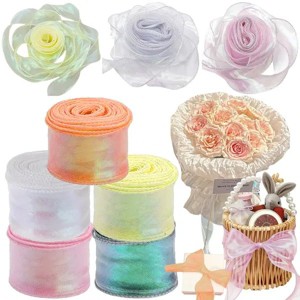 5 Rolls 10 Yard Shimmer Sheer Organza Ribbons 1.5 Inch Wide Laser Wired Edge Ribbon 5 Colors Chiffon Ribbon for DIY Crafts Gift Sewing Making Floral - 1 of 4