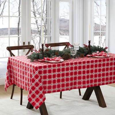 Red and Ivory Cotton Plaid Rectangular Winter Tablecloth, 60"x102"