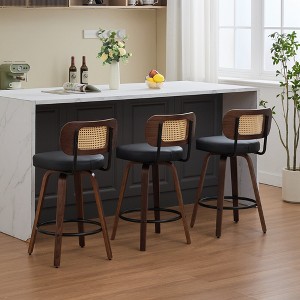 Set of 3 Counter Height Bar Stools, 26-Inch Rattan Back Swivel Stools with Upholstered Seat, Wood Frame for Kitchen Island, Counter, Bar - 1 of 4