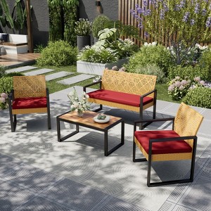 Captiva Designs Outdoor Patio 4 Pieces Wicker Porch Furniture Small Rattan Couch Set with Wood Table for Backyard - 1 of 4
