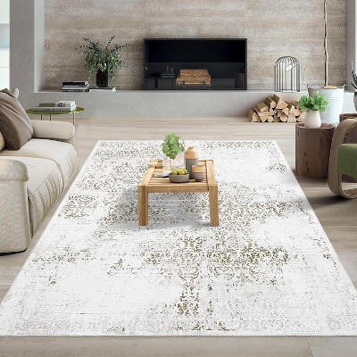 Washable Paisley Area Rug - Vintage Floral Distressed Low Pile Carpet, Non Slip Foldable Rug for Living Room Bedroom Dining Office