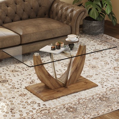 NicBex Modern Minimalist Tempered Glass Coffee Table for Living Room,Irregular Wooden MDF Legs & Stainless Steel Decorative Columns