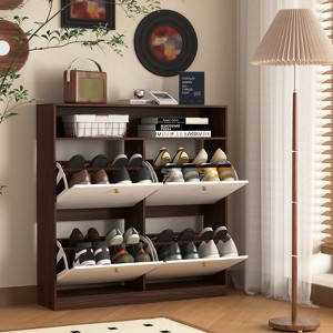 4-Tier Shoe Cabinet 1 Drawer 2 White Doors Adjustable Shelves Freestanding Entryway Hallway - 1 of 4
