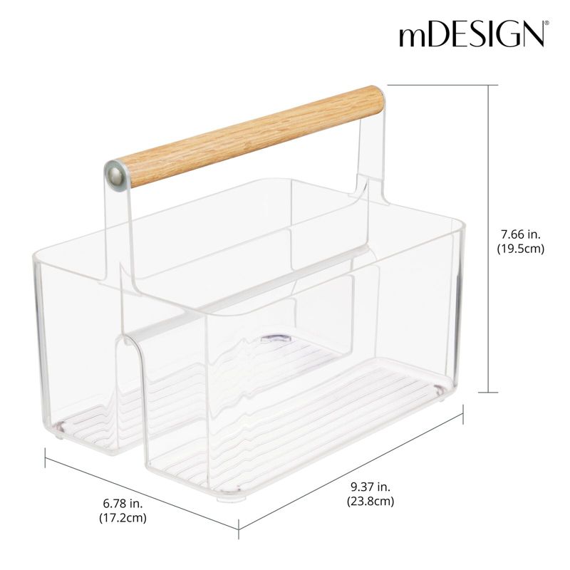 mDesign Plastic Tote, Divided Basket Bin with Wood Handle, 2 of 8