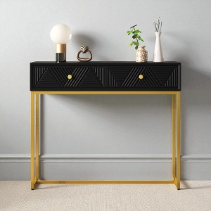 Modern Buffet Cabinet with Storage, Modern Sideboard with 2 Stripe-Design Drawers and Gold Legs, Wooden Accent Cabinet for Dining Room, Living Room - 1 of 4