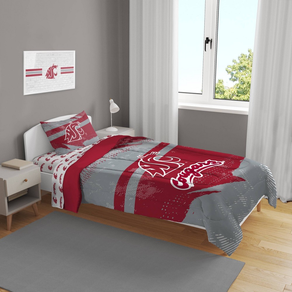 Photos - Bed Linen NCAA Washington State Cougars Slanted Stripe Twin Bedding Set in a Bag - 4pc