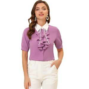 Allegra K Women's Contrast Collar Tie Ruffle Front Button Short Sleeve Work Shirt - 1 of 4