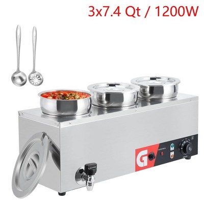 Commercial Soup Warmer 3x7.4 Quart Triple Well Bain Marie 1200W With Adjustable Temp & Faucet