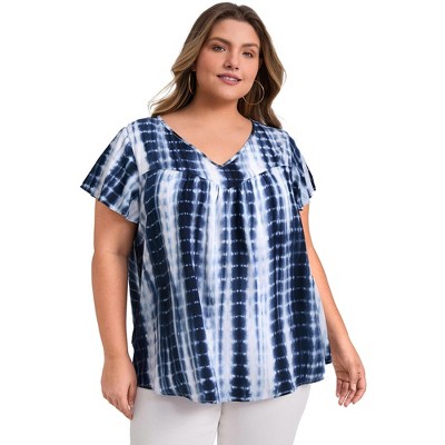 Women's Plus Size Tie Dye Pleated V Neck Ruffle Sleeve Casual Holiday Blouses - GRACE & GRANDEUR