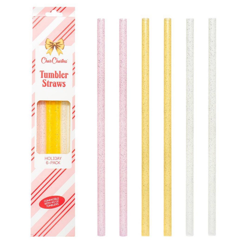 CharCharms 6pk 40oz Holiday Glitter Water Bottle Straws Pink/Gold/White