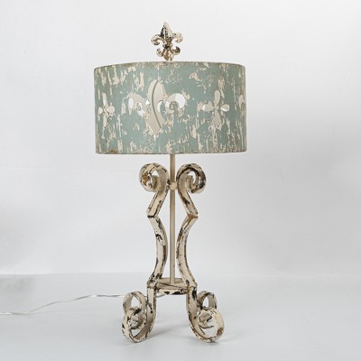 Chic Vintage Table Lamp with Distressed Cream and Blue Shade, Decorative Scroll Base, 33.66" Height, 1pc