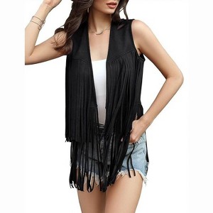 Acekool Women's 70s Fringe Vest - Retro Faux Suede Sleeveless Jacket with Bohemian Tassels, Western & Hippie Style - 1 of 4