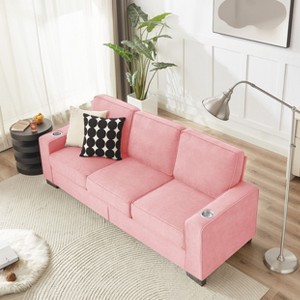KWPZQEB 83.86" Snowfleece Fabric Sofa, 3 Seater Sofa with Cup Holders, Modern Deep Seat Sofa with Upholstered & Wide Armrests for Living Room, Pink - 1 of 4