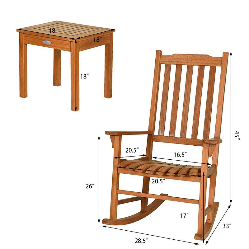 Costway 3 PCS Eucalyptus Rocking Chair Set W/ Coffee Table 2 Wood Conversation Chairs, 3 of 10