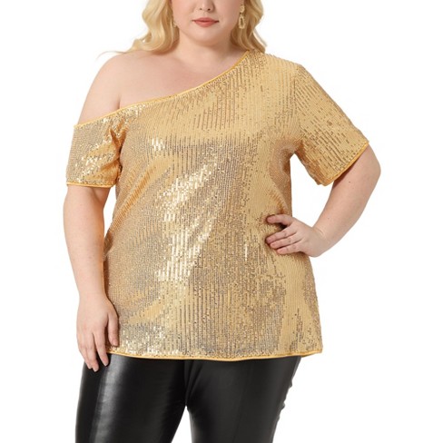 Agnes Orinda Women's Plus Size Sequin Glitter Gradient V Neck Tank Tops  Gold 4X