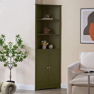 Kings Brand Furniture Tall Wooden Corner Cabinet with 2 doors & 3 shelves—perfect for saving space in the bathroom, kitchen, or living room. - 1 of 4