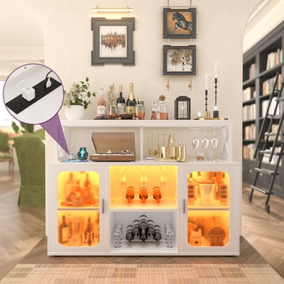 Aheaplus Bar Cabinet with Led Lights and Glass Holders, Bar Cabinet with Power Outlet