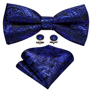 Men's Royal Blue Paisley 100% Silk Pre-Tied adjustable Bow Tie Pocket Square Cufflinks Set - 1 of 4