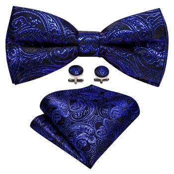 Men's Royal Blue Paisley 100% Silk Pre-Tied adjustable Bow Tie Pocket Square Cufflinks Set