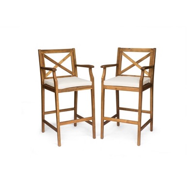 DSVIMOY Counter and Bar Stool Acacia Wood Barstools with Cross Back Design and Water Resistant Cushions for Outdoor Use, Brown, 49.5"*26.25"*11"