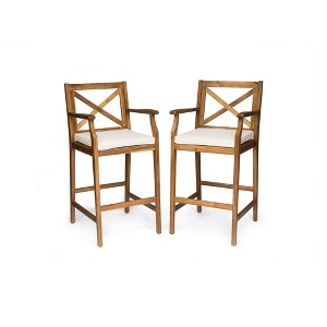 DSVIMOY Counter and Bar Stool Acacia Wood Barstools with Cross Back Design and Water Resistant Cushions for Outdoor Use, Brown, 49.5"*26.25"*11" - 1 of 4