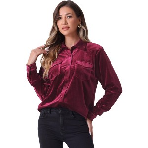 INSPIRE CHIC Women's Velvet Long Sleeve Button Down Casual Shirts - 1 of 4