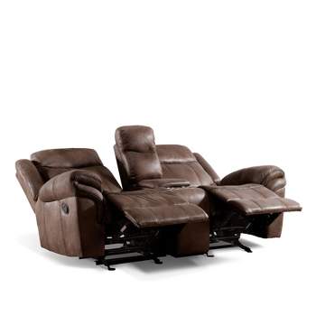 miBasics 79" Softcloud Transitional Upholstered Manual Glider Reclining Loveseat with Center Storage Console Brown
