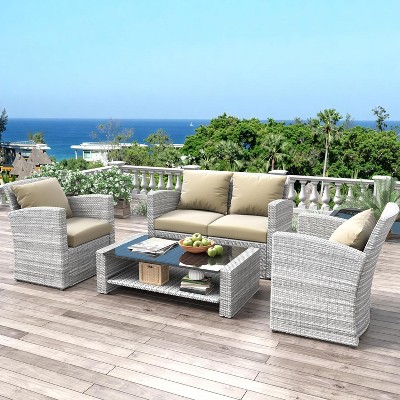ELJGET 4 Piece Patio Furniture Set Outdoor Wicker Conversation Sets All Weather PE Rattan Sectional Sofa Set with Cushions & Coffee Table