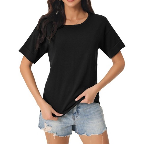 Seta T Women s Short Sleeve Summer Solid Color Basic Casual Knit T Shirts Black Small