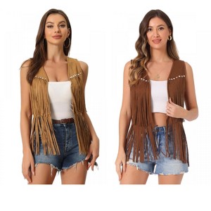 INSPIRE CHIC Women's 70s Western Open Front Faux Suede Fringe Vest 2 Packs - 1 of 4
