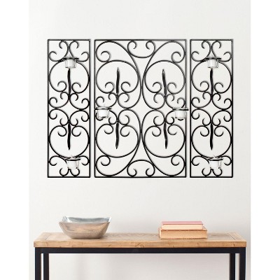 Black Iron and Glass Scrollwork Wall Sconce Set