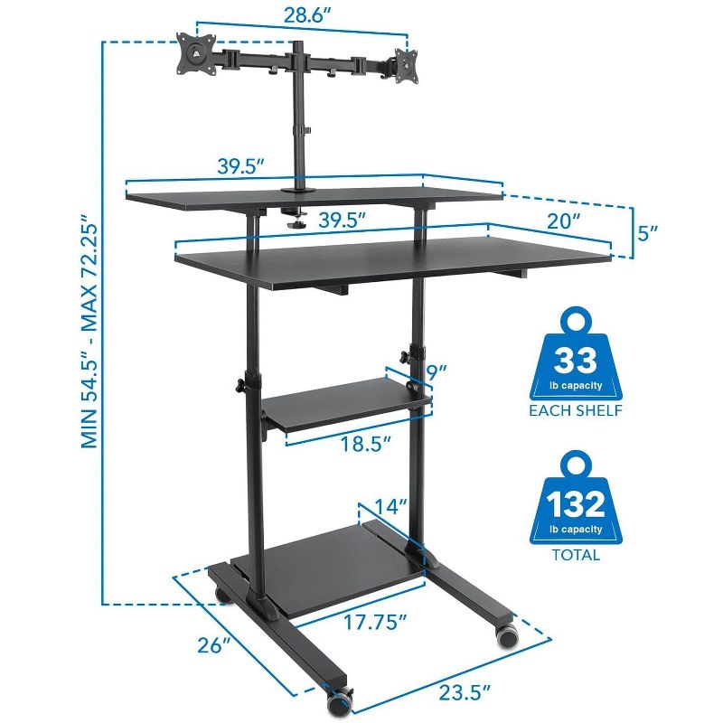 Mount-It! Mobile Standing Desk with Dual Monitor Mount | 40 Inch Wide Height Adjustable Rolling Computer Workstation with Four Wheels | Black, 5 of 11