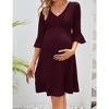 Maternity Women 3/4 Sleeve Smocked V Neck Dress Fall Casual Boho Flowy Ruffle Midi Dress for Baby Shower Photoshoot - 2 of 4