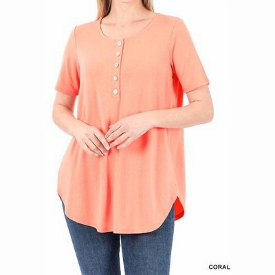 Women's Short Sleeve Dolphin Hem Shell Button Up Top - ZENANA