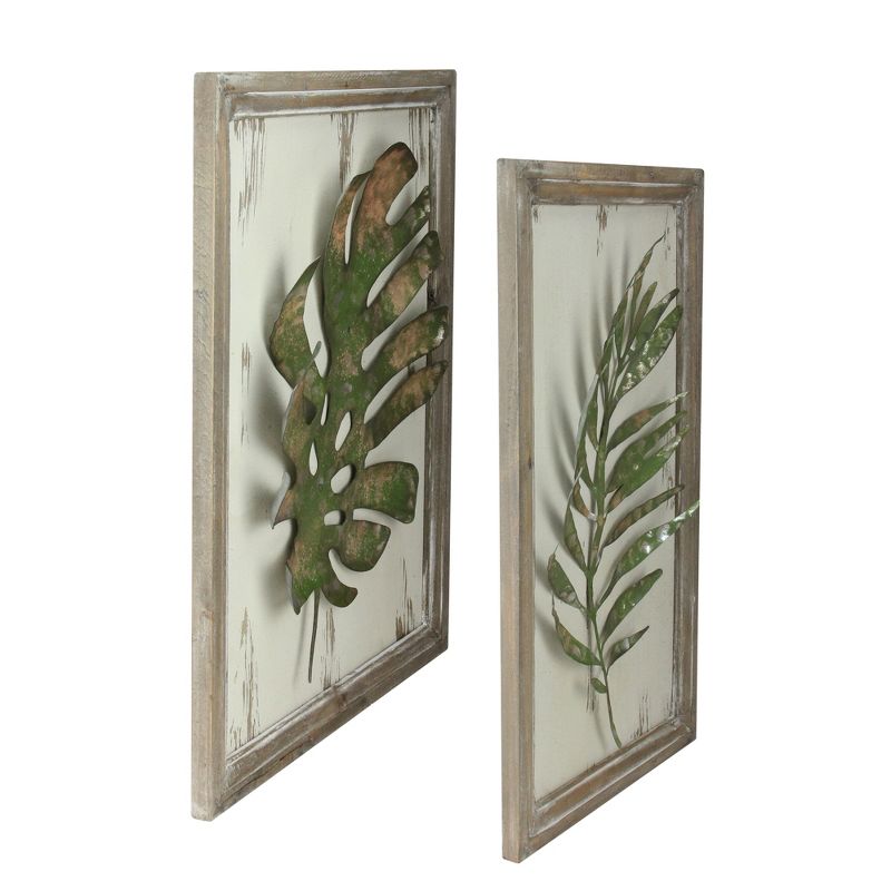 Melrose Set of 2 Rustic and Distressed Forest Green Leaf Framed Wall Plaques 19", 2 of 4