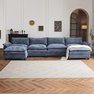 Karl Home |155.5 in. W Pillow Top Arm Double-layer Cushion Chenille Sofa in Blue With Ottoman - 1 of 1