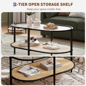 Coffee table, double-layered rattan with tempered glass top, water ripple glass, bohemian style, suitable for living room, office, and home decor. - 1 of 4