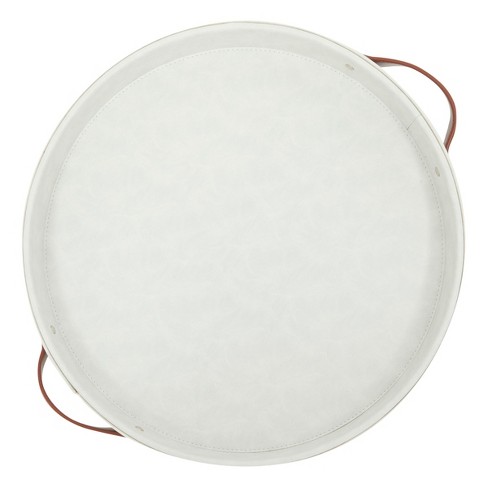 Juvale Leather Round Decorative Serving, Silver Serving Tray With Leather Handles